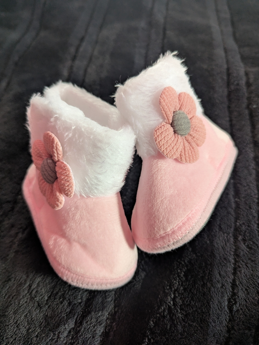 Baby Pink Flower Faux-Fur Booties - Soft Infant Slippers